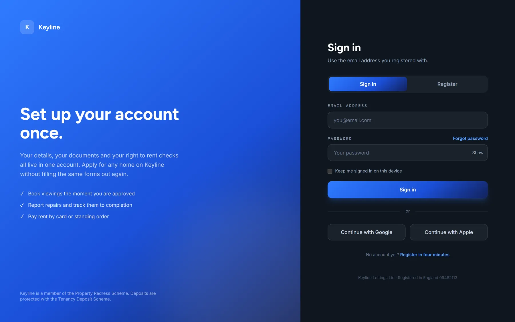 Keyline sign-in screen with the account proposition and three benefits on the left