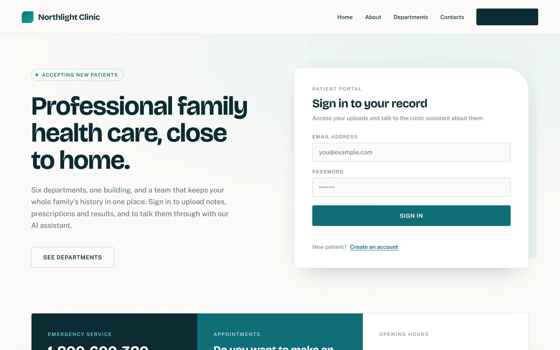 Northlight Clinic landing page with the clinic introduction beside a patient portal sign-in card