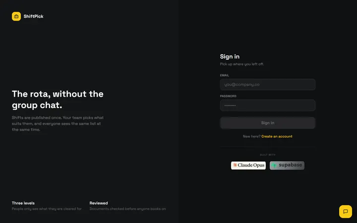 ShiftPick sign-in screen